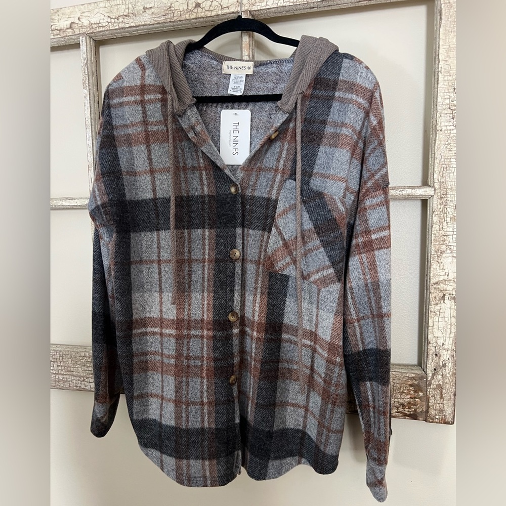 The Nines Plaid Hooded Button-Front Shirt Jacket - Gray & Brown